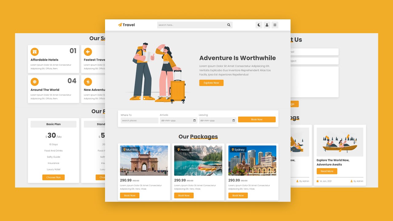 complete responsive Travel Agency - Travel Blog - Travel Resort - Tours & Travel website design using HTML CSS and vanilla JavaScript from scratch.